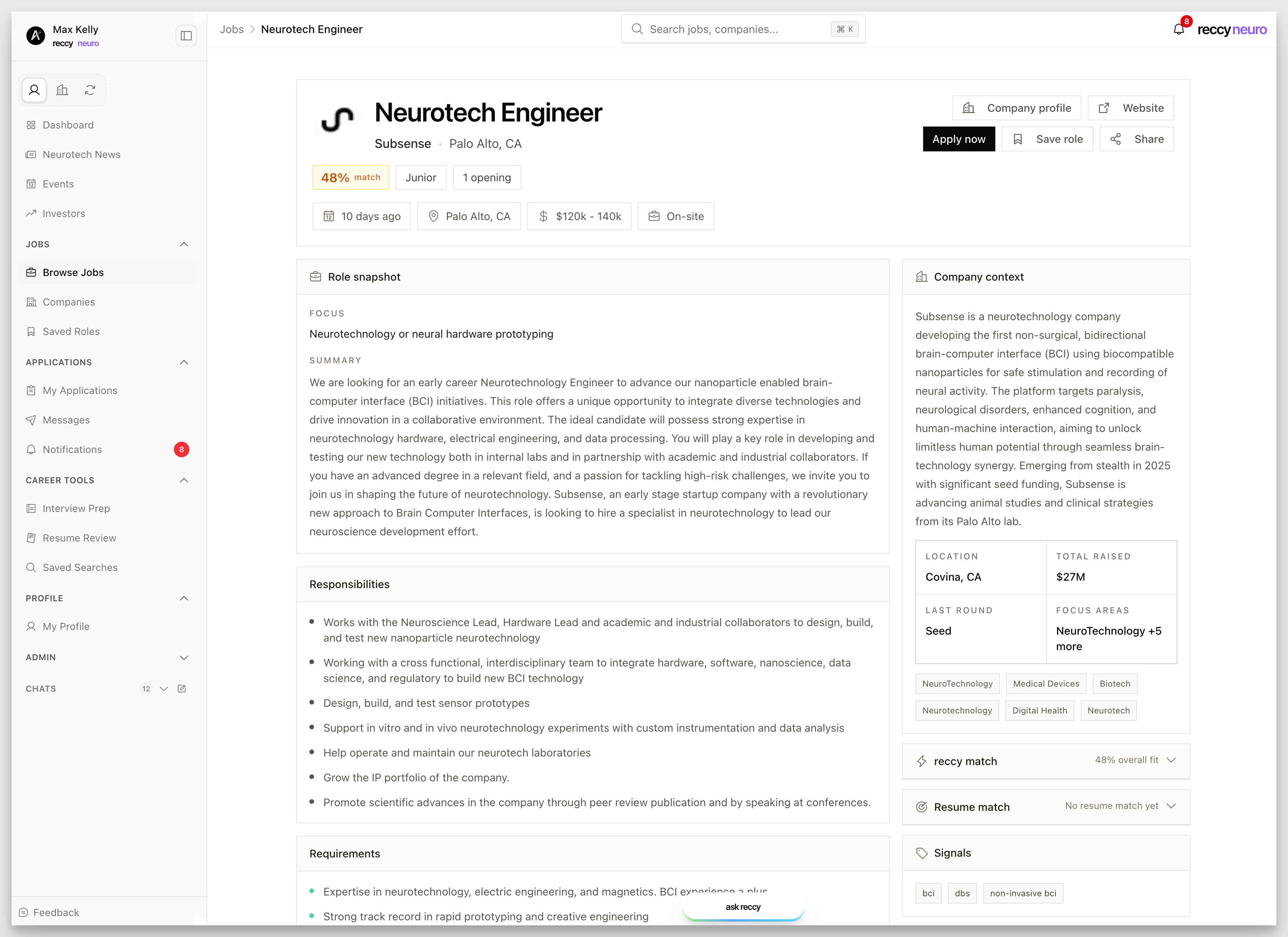 reccy neuro job listing showing a Neurotech Engineer role with match score, company context, responsibilities, and requirements