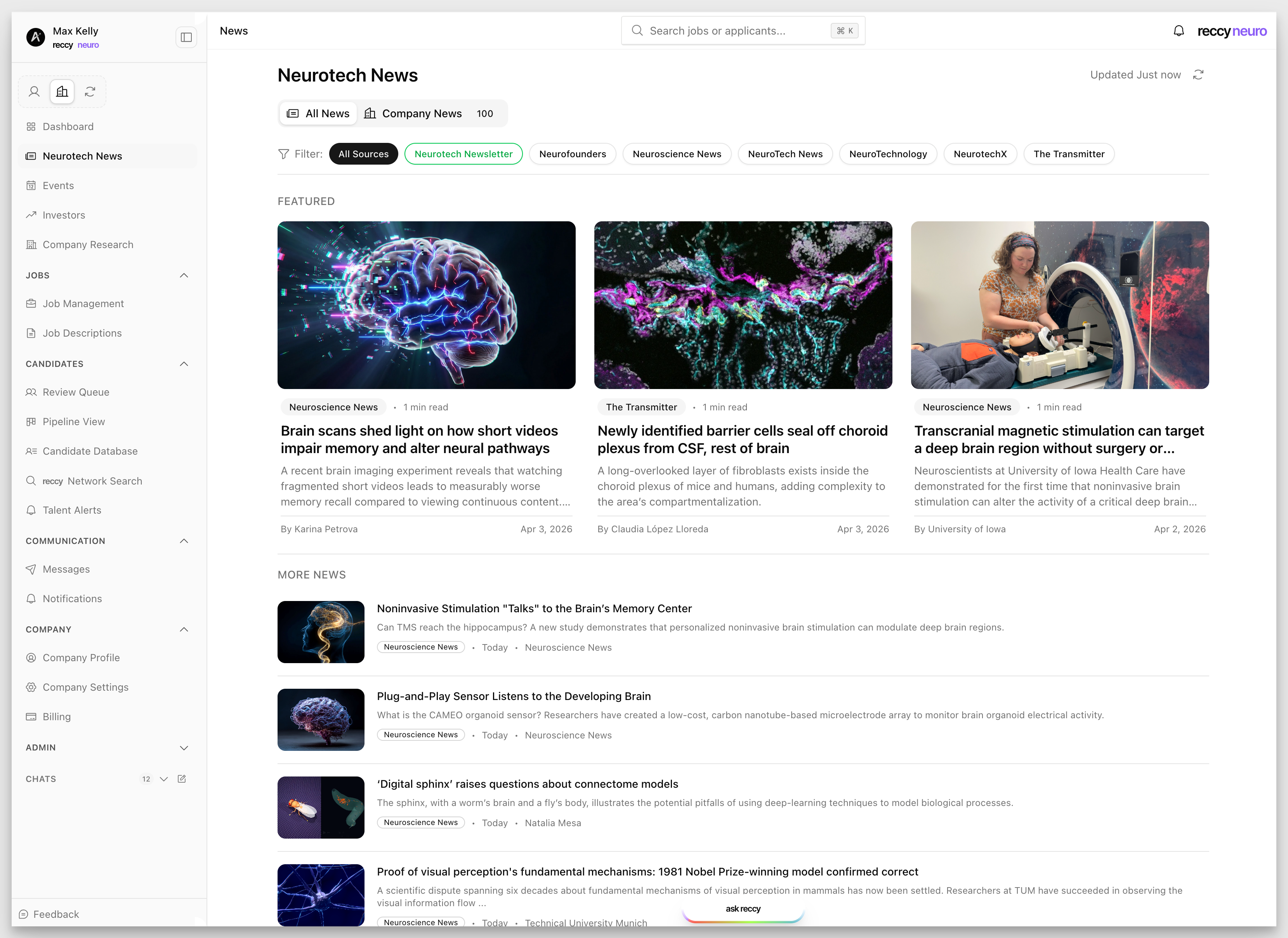 reccy neuro news feed showing featured neurotech articles from Neuroscience News and The Transmitter with filtering by source